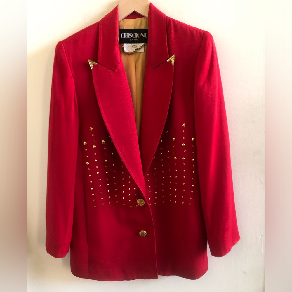 Amazing Crisione x Cache Mob Wife 80’s Structured Gold Tone Studded Red Blazer